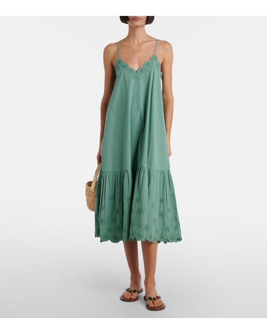 Juliet Dunn Green Embroidered Cotton Poplin Midi Dress