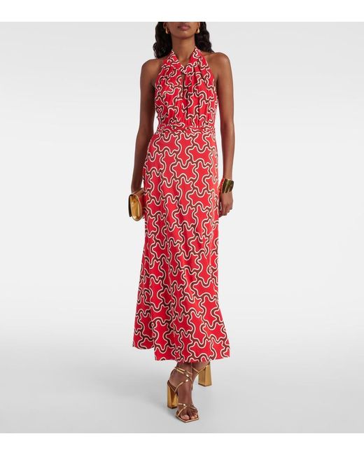 Diane von Furstenberg Red Nyck Printed Halterneck Midi Dress