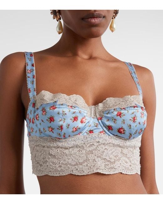 Dolce & Gabbana Blue Floral Lace-Trimmed Silk And Cotton Bra