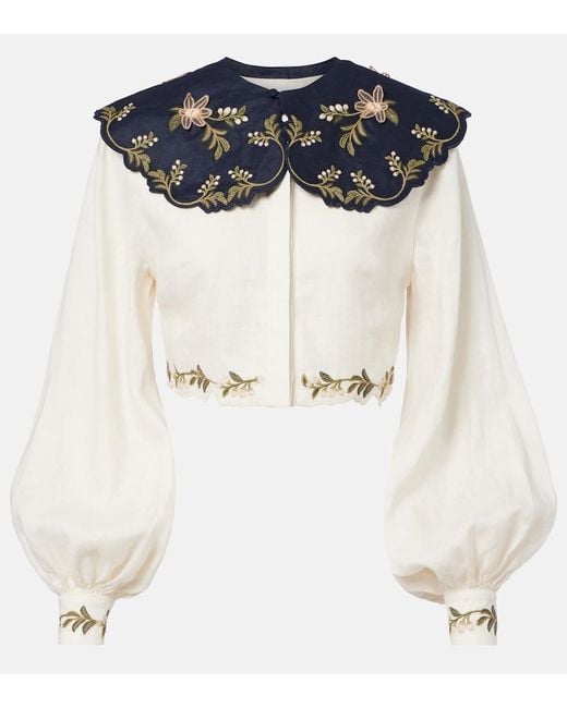 Agua Bendita Blue Cumbre Embroidered Linen Blouse