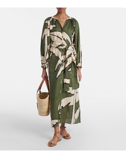 Johanna Ortiz Green Printed Linen Maxi Dress