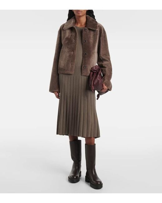 Joseph Brown Ribbed-Knit Pleated Wool Midi Dress