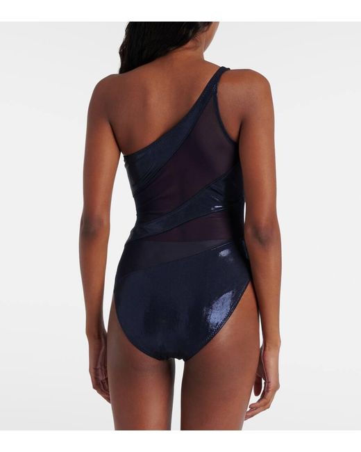 Norma Kamali Blue Snake Paneled One-shoulder Swimsuit