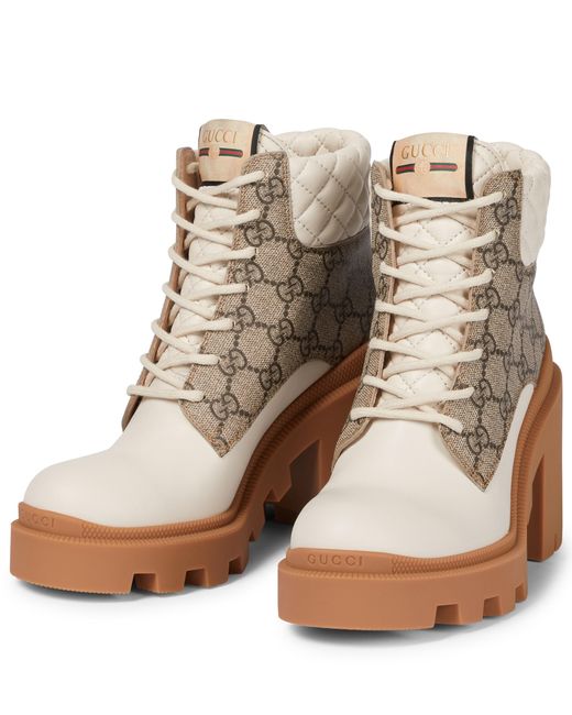 Gucci GG Canvas And Leather Lace-up Boots in Beige (Natural) | Lyst