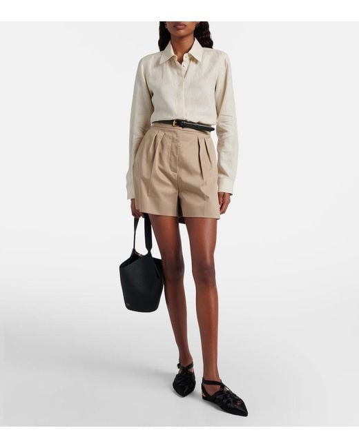 Max Mara Natural Tabacco Pleated Cotton-Blend Shorts