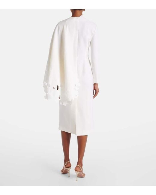 Oscar de la Renta White Cape-Detail Wool-Blend Midi Dress