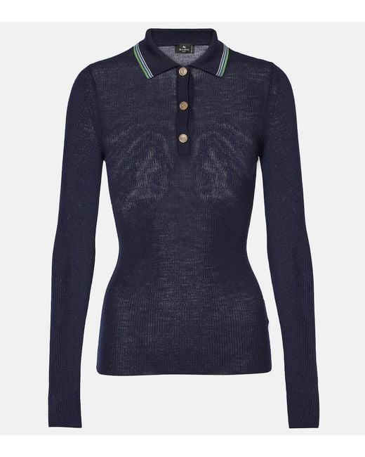 Etro Blue Printed Wool And Cotton Polo Sweater