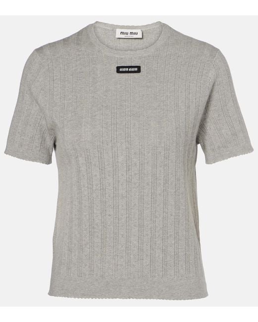 Miu Miu Gray Ribbed-Knit Cotton Top