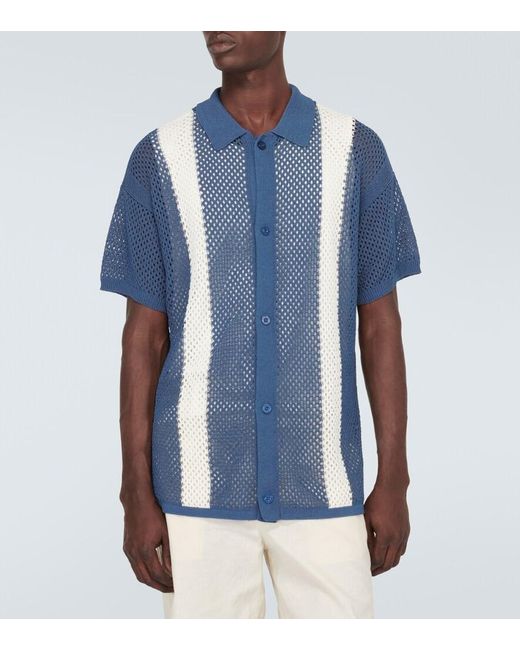 Frescobol Carioca Blue Castillo Cotton-Blend Crochet Bowling Shirt for men