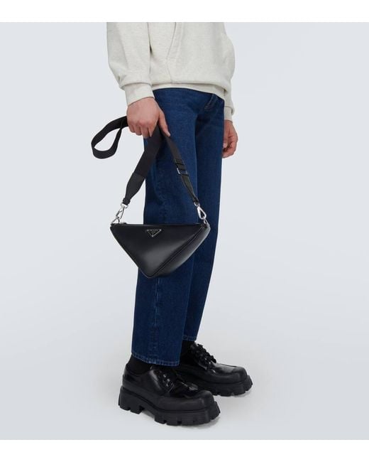 Prada Black Triangle Leather Shoulder Bag for men