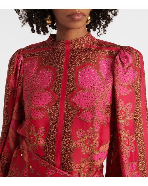 Vestido Corto Floral Glam Scarf De Saten Farm Rio de color Red