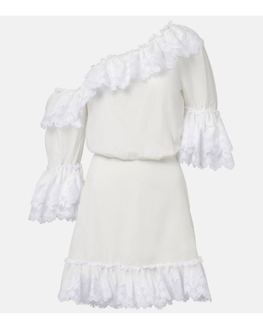 Saint Laurent White Embroidered Ruffled Cotton Poplin Minidress