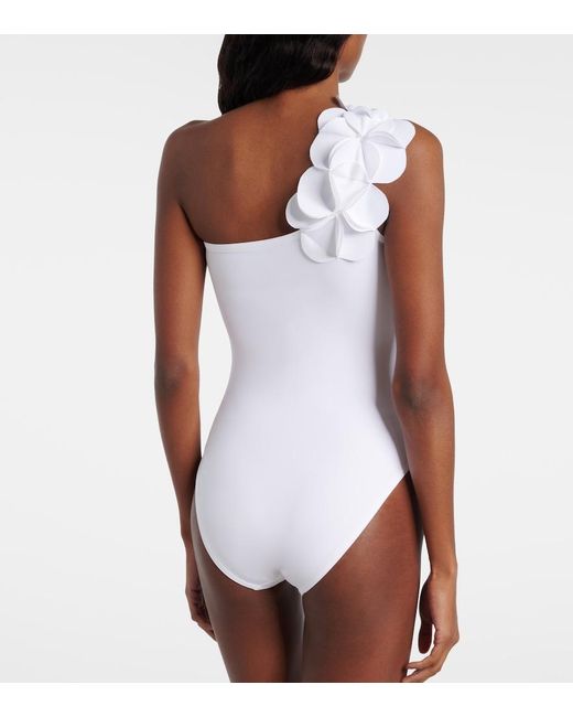 Karla Colletto White Tess Floral-Applique One-Shoulder Swimsuit