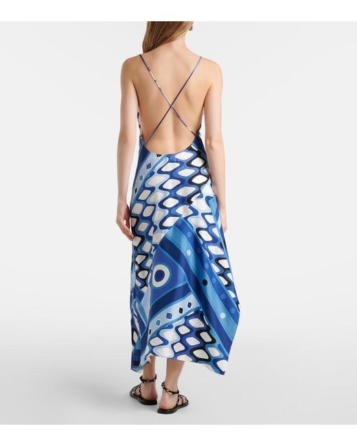 Emilio Pucci Blue Vivara Asymmetric Silk Satin Midi Dress