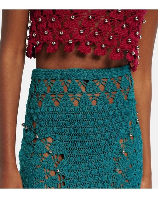 Rabanne Green Embellished Crochet Cotton Midi Skirt