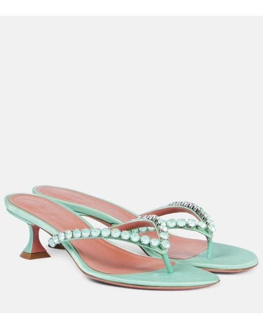 AMINA MUADDI Green Gigi 45 Embellished Satin Thong Sandals