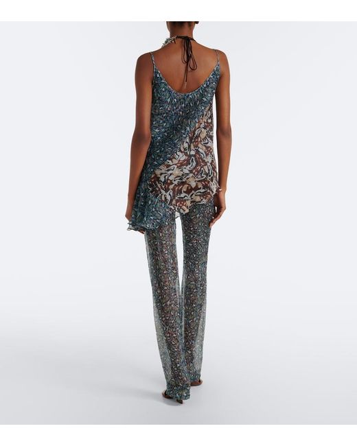 Dries Van Noten Blue Printed Sheer Silk Wide-Leg Pants
