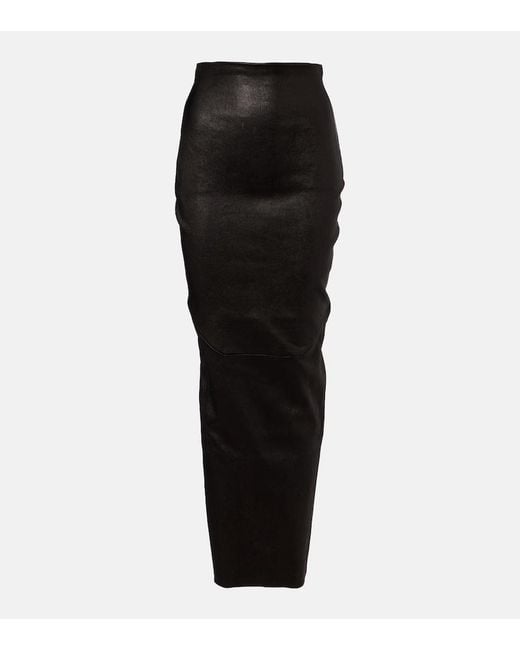 Rick Owens Black Dirt Pillar Leather And Cotton Midi Skirt