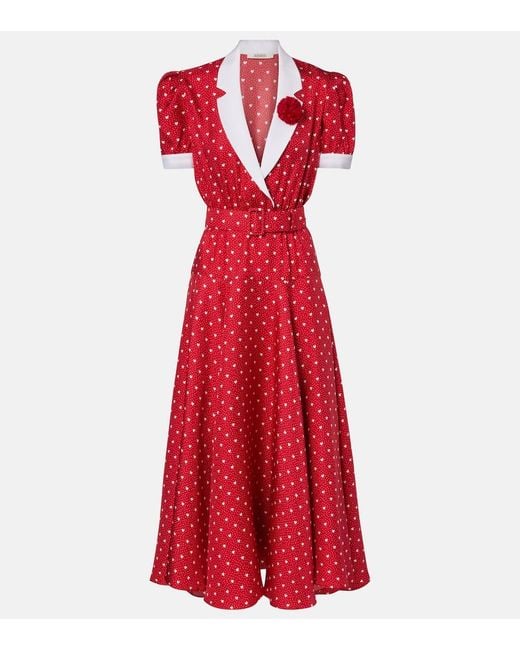 Rodarte Red Printed Silk Twill Midi Dress