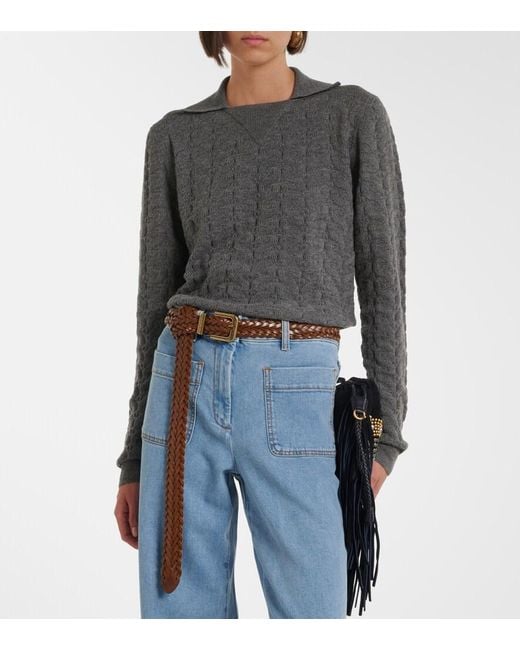 Etro Gray Cable-Knit Wool Polo Sweater