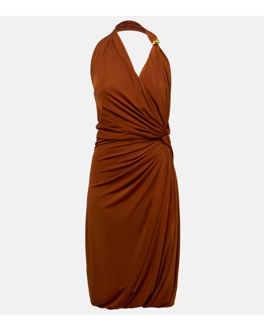 Bottega Veneta Brown Drop Gathered Jersey Midi Dress