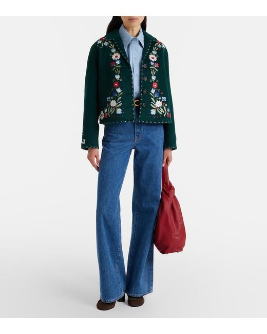 Rixo Green Jude Embroidered Floral Wool-Blend Jacket