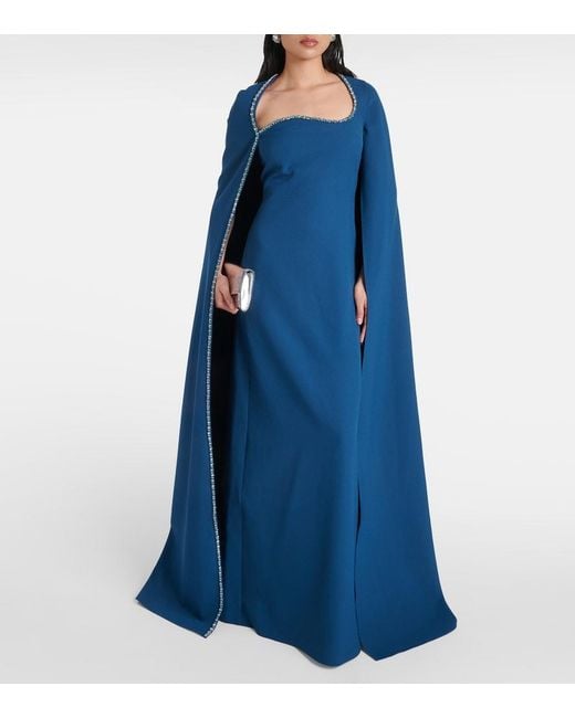 Safiyaa Blue Mattia Embellished Caped Crepe Gown
