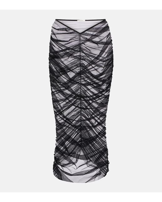 Nensi Dojaka Black Sheer Ruched Mesh Midi Skirt