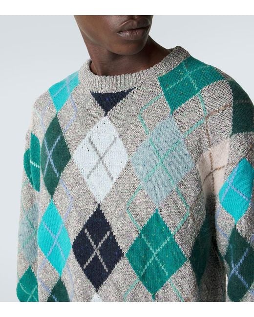 ERL Blue Argyle Wool And Cotton-Blend Sweater for men