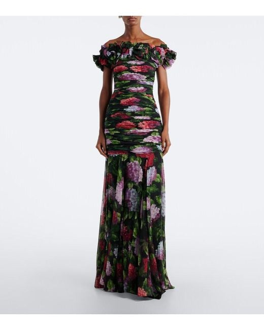 Carolina Herrera Black Floral-Applique Floral Draped Silk Gown