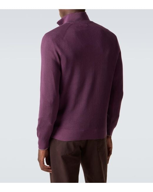 Brunello Cucinelli Purple Ribbed-Knit Cotton Half-Zip Sweater for men