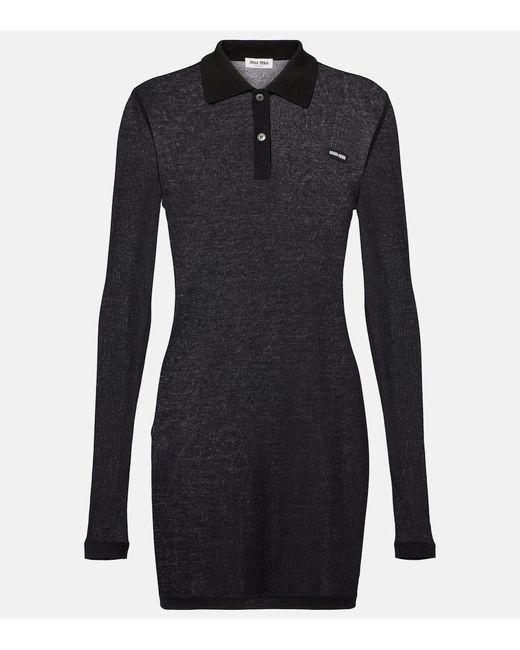 Miu Miu Black Ribbed-Knit Cotton Jersey Polo Dress