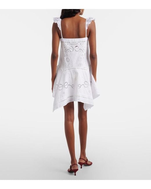 Self-Portrait White Embroidered Linen And Cotton Poplin Minidress