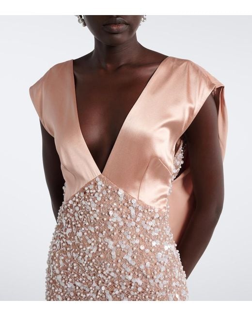 La Fuori Brown Genevieve Embellished Lace And Satin Gown