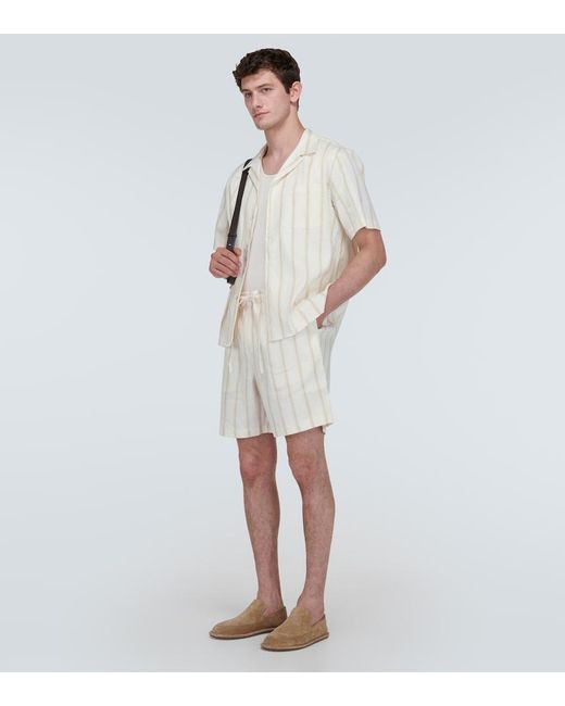 Commas White Striped Linen-Blend Bowling Shirt for men