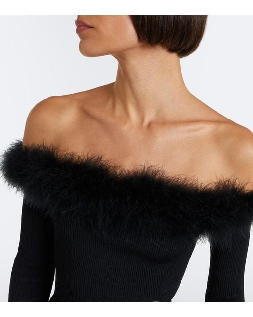 Gucci Black Feather-Trimmed Ribbed-Knit Top