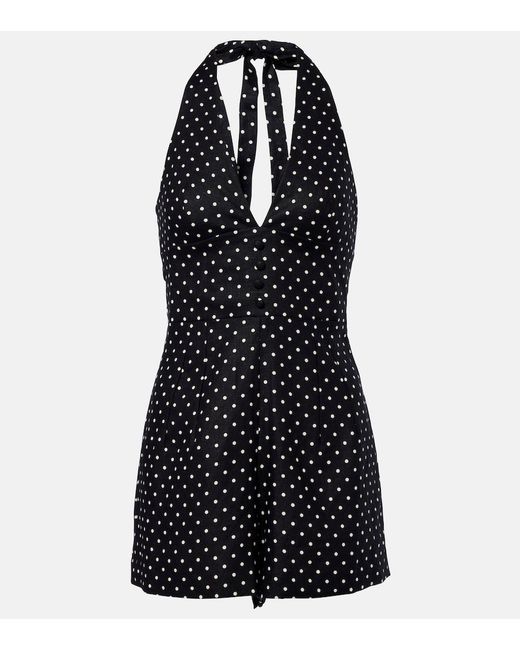 Faithfull The Brand Black Sofia Polka-Dot Halterneck Linen Romper