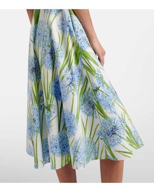 Oscar de la Renta Blue Floral Cotton-Blend Poplin Midi Dress