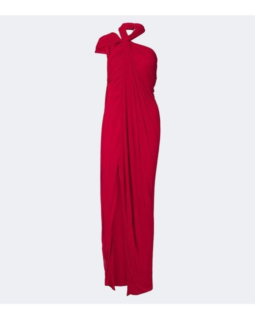Balmain Red Draped Jersey Crepe Gown