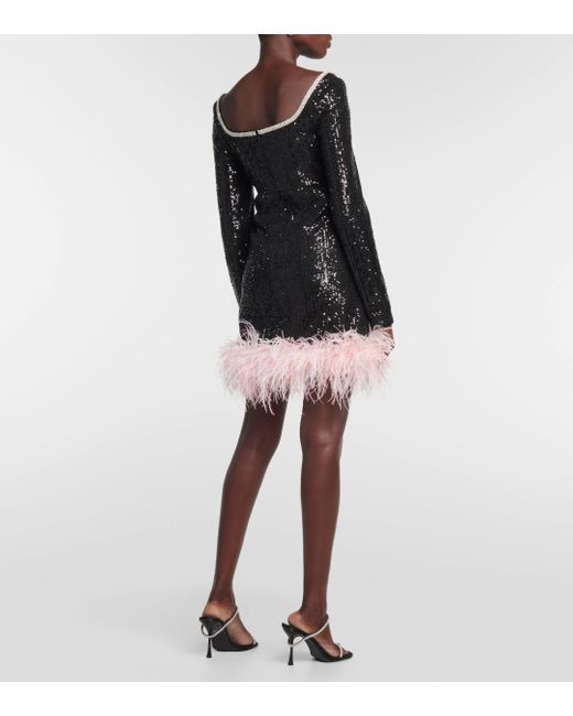 Self-Portrait Black Feather-trimmed Sequined Minidress