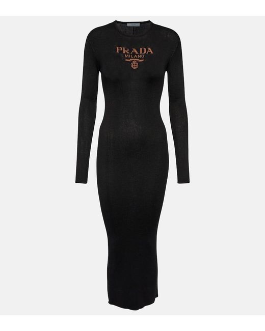 Prada Black Logo-Print Silk Midi Dress