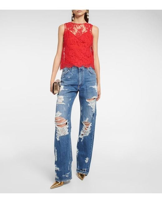 Dolce & Gabbana Red Floral Chantilly Lace Top