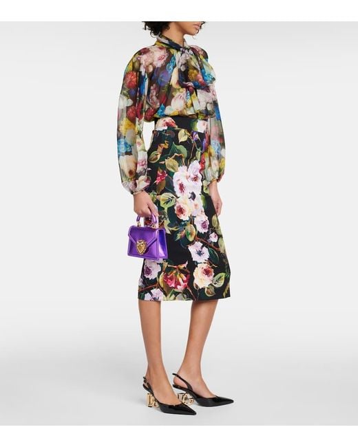 Gonna longuette in charmeuse stampa roseto di Dolce & Gabbana in Multicolor