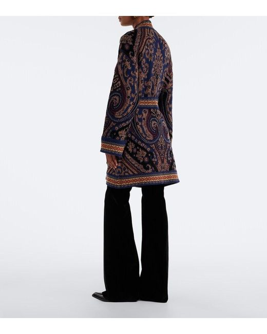 Etro Blue Jacquard Wool-Blend Wrap Cardigan