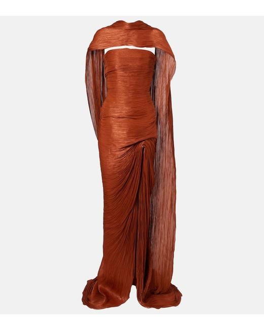 Marmar Halim Red Draped Pleated Scarf-Detail Bustier Gown