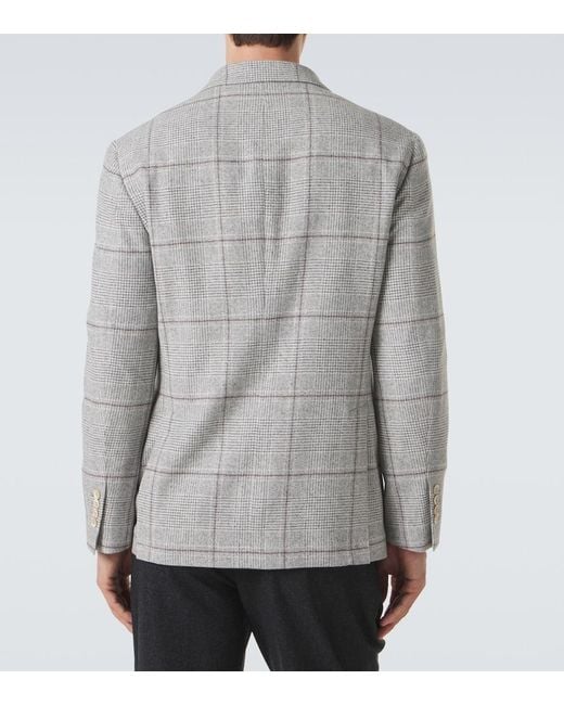 Brunello Cucinelli Gray Checked Silk, Wool, And Cashmere Blazer for men