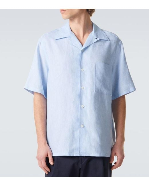 Zegna Blue Linen Bowling Shirt for men