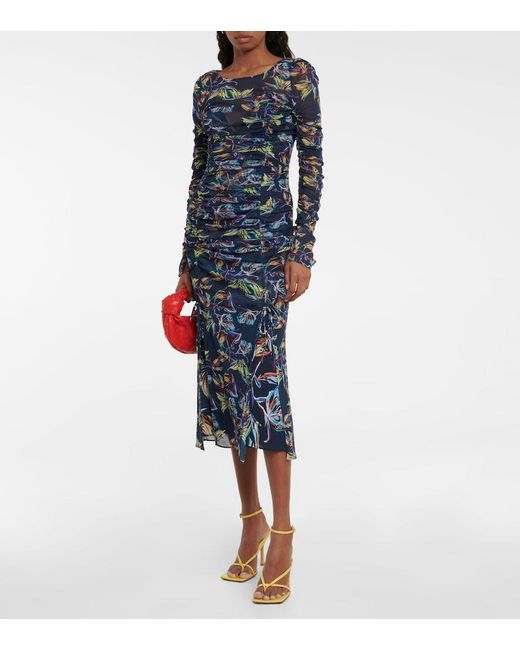 Diane von Furstenberg Blue Corinne Printed Mesh Midi Dress