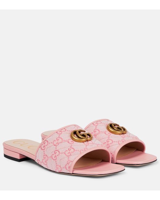 Gucci Double G Leather-trimmed Canvas Slides in Pink | Lyst Canada