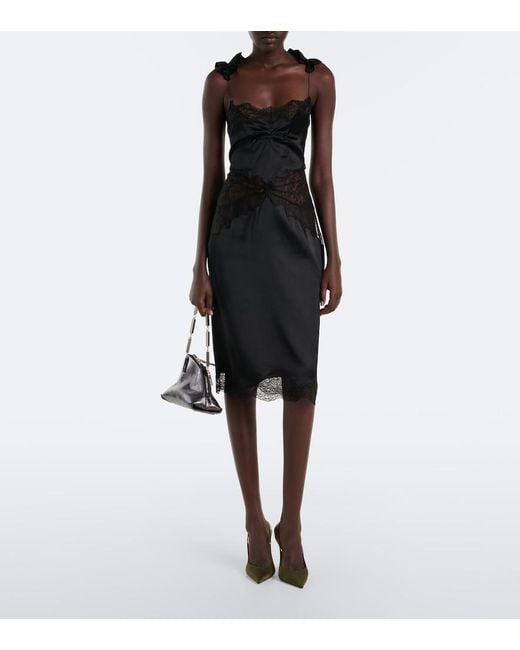 The Attico Black Lace-Trimmed Satin Midi Dress